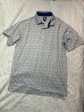 Footjoy Travel Transportation Print Polo Golf Shirt Size Large White & Blue